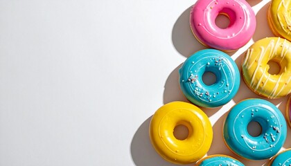 Colorful glazed donuts arranged on a white background, casting shadows.