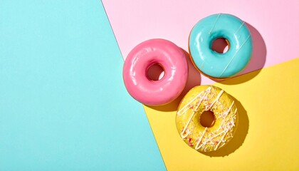 Three colorful frosted donuts arranged on a vibrant pink, yellow, and blue geometric background.