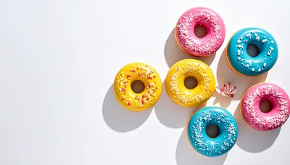 A vibrant assortment of colorful frosted donuts, including pink, yellow, and blue, arranged on a clean white surface with soft shadows.