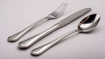Shiny stainless steel cutlery set including fork, knife and spoon on neutral background for dining or restaurant theme
