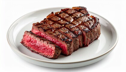A perfectly grilled, medium-rare steak, sliced and served on a white plate.