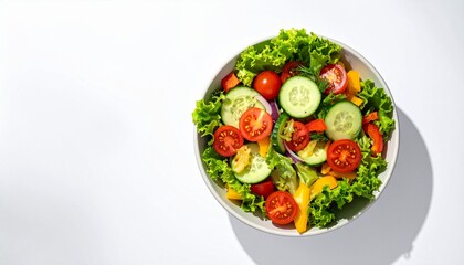 Fresh vegetable salad in a bowl, overhead view, vibrant colors, healthy eating.