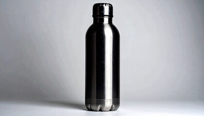 A shiny, stainless steel water bottle standing upright against a neutral background, ready for use.
