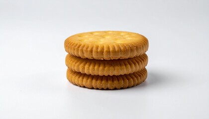 Three round crackers are stacked on top of each other against a plain white background, showcasing their textured edges.