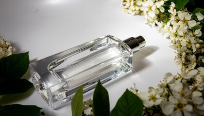 A clear glass perfume bottle rests on a white surface, surrounded by white flowers and green leaves, creating an elegant and fresh composition.