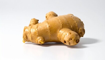 A whole, raw ginger root with its distinctive knobby texture and earthy brown skin, isolated on a clean white background.