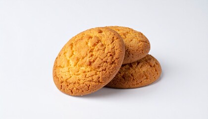 Three golden-brown, textured cookies are artfully arranged on a clean white background, showcasing their delicious appearance.