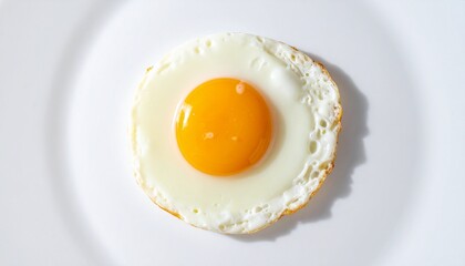 An overhead view of a single, perfectly cooked sunny-side up fried egg with a vibrant yellow yolk on a white plate.