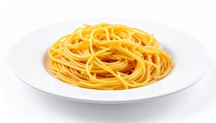 A simple white plate filled with a generous portion of perfectly cooked, golden spaghetti pasta, presented against a clean white background.