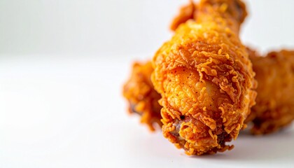 Close-up of golden-brown, crispy fried chicken drumsticks.
