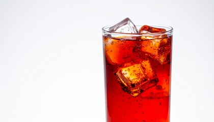 A tall glass filled with a dark red, bubbly beverage, chilled with several large ice cubes, presented against a clean white background.