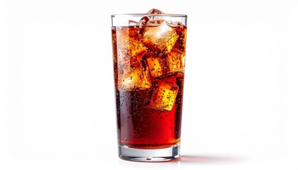 A tall glass filled with dark, bubbly beverage and ice cubes, isolated on white.