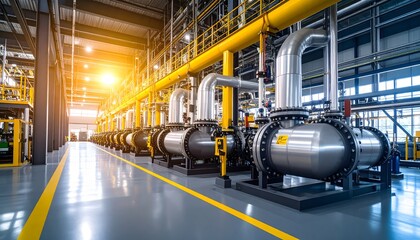 Industrial Plant Interior with Yellow Piping and Sunlit Floor