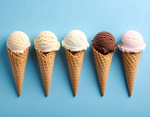 Assorted scoops of ice cream on blue background, top view, copy space. Various ice creams or gelato with waffle cones, healthy summer dessert creative concept.