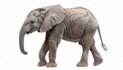 Obraz premium A charming baby elephant gracefully walking, showcasing its endearing features in a detailed photorealistic study.