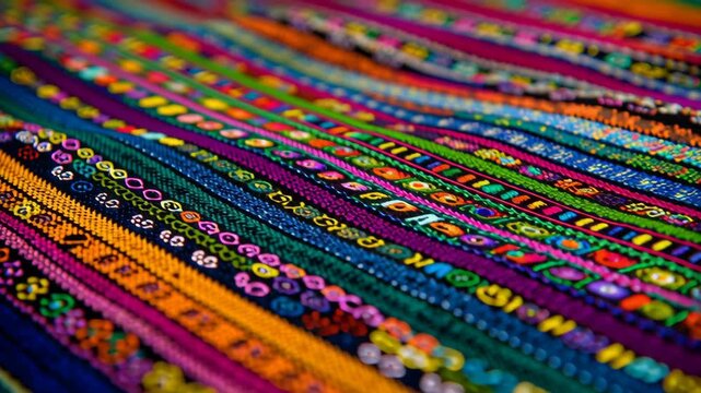 Colorful paper decorations at festival concept. Vibrant textile patterns showcase intricate designs and bright colors in a cultural context.