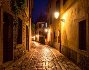 Fototapeta premium Old stone alley illuminated by warm street lights at night.