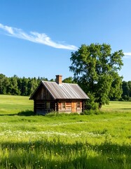 Obraz premium A picturesque wooden cabin sits nestled in a verdant meadow, bathed in sunlight under a vibrant blue sky.