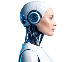 Futuristic Humanoid Robot in Profile View on Blue Background for Technology and AI Concept