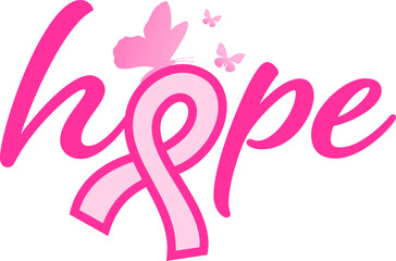 Hope lettering design with pink ribbon and butterfly. Breast cancer awareness concept. Vector illustration