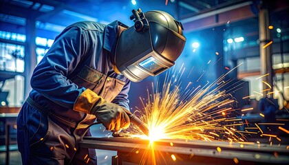 Intense welding sparks illuminate a worker in protective gear, creating a dynamic industrial scene