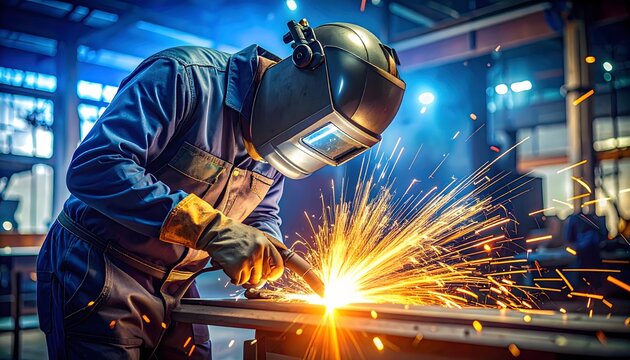 Intense welding sparks illuminate a worker in protective gear, creating a dynamic industrial scene