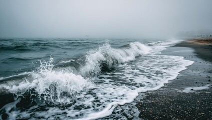 Fototapeta premium Misty ocean waves crashing on a dark sand beach