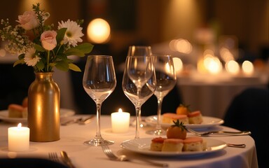Elegant and select wedding decoration restaurant table Wine Glass and appetizers, on the bar table Soft light and romantic atmosphere dinner service menue guests candle. High quality
