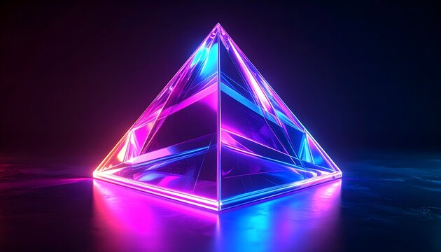 Luminous crystal pyramid radiating vibrant neon hues on reflective surface