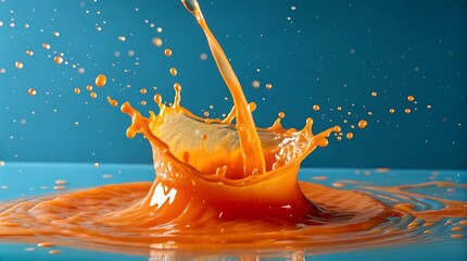 a vibrant splash of orange liquid against blue background