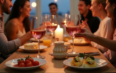 Friends having a dinner party with different kinds of appetizers and rose wine. High quality