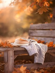 Reading a book amidst autumn leaves on a rustic bench tranquil park setting warm colors cozy atmosphere