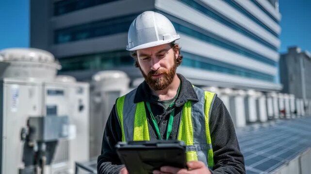 Focused technician using a tablet to monitor solar microgrid performance near hospital HVAC units while the hospital fa&ccedil;ade fades out of focus behind.
