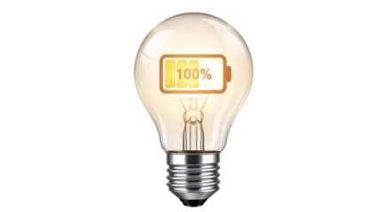 Lightbulb with a fully charged battery showing 100% isolated PNG with Transparent Background