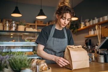 Fototapeta premium Sustainable Restaurant. Female Worker Packing Insulated Bag for Home Delivery of Takeaway Meals