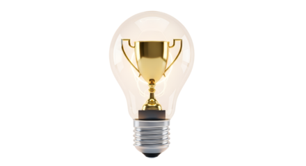 Gold trophy inside of light bulb for innovation award concept isolated PNG with Transparent Background