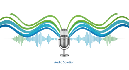 Microphone with graphic waves and Audio Solution text isolated PNG with Transparent Background