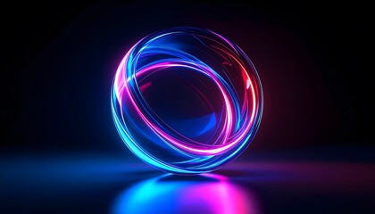 Luminous orb of interwoven neon light trails on a reflective surface