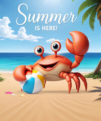 Hello Summer poster with 3D cartoon crab character with beach ball on the beach