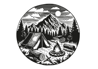 Vintage Camping Scene with Tent, Campfire and Mountain Landscape