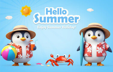 Hello Summer background with 3D cute cartoon penguin and crab characters with summer outfits