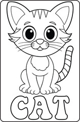 Cute cartoon cat sitting with the word cat below kitten