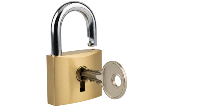 Gold padlock with key inserted isolated PNG with Transparent Background