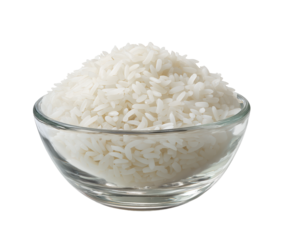 Glass bowl overflowing with cooked white rice on transparent background