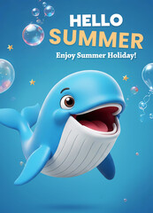 Hello Summer poster with 3D cartoon cute whale character