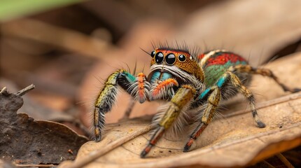 a vibrant spider with colorful patterns on forest floor