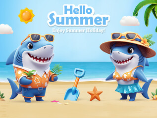 Hello Summer background with 3D cartoon male and female shark in summer outfits with hat and sunglasses