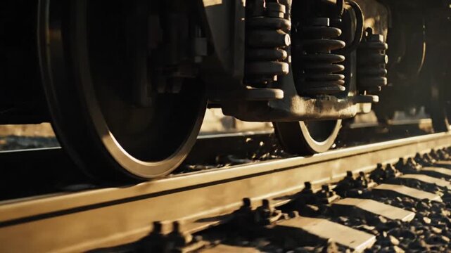 Close up of heavy train wheels braking on railway tracks with sparks.