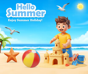 Hello Summer background with 3D cartoon boy building a sandcastle on the beach