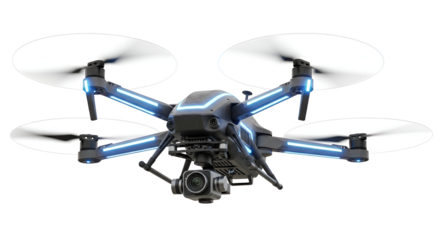Black hexacopter drone with camera isolated PNG with Transparent Background